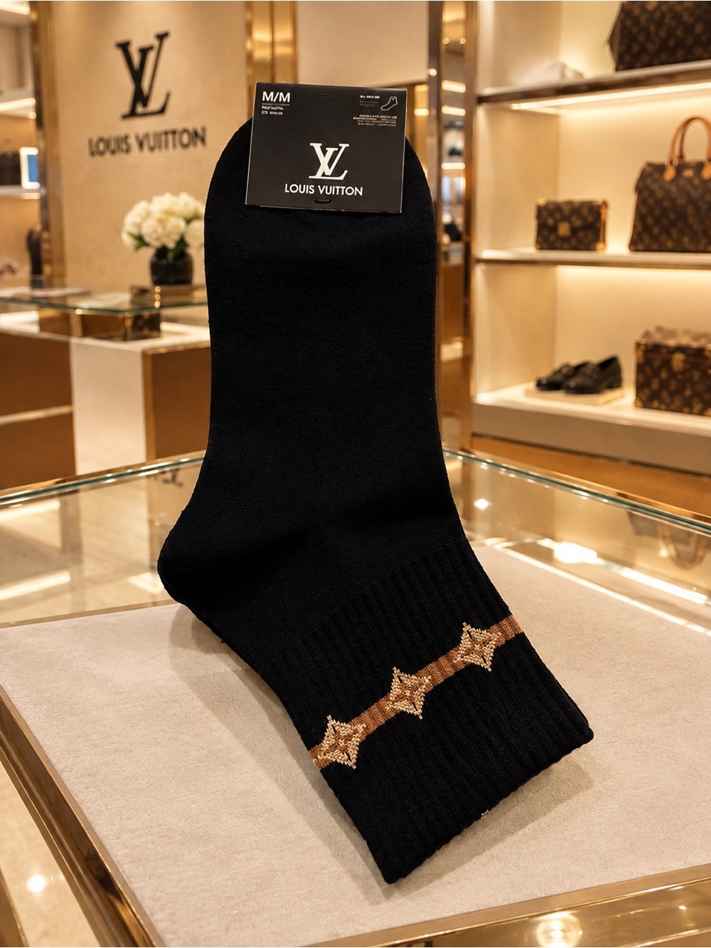 Louis Vuitton Black Dress Socks with Gold Star Embellishment